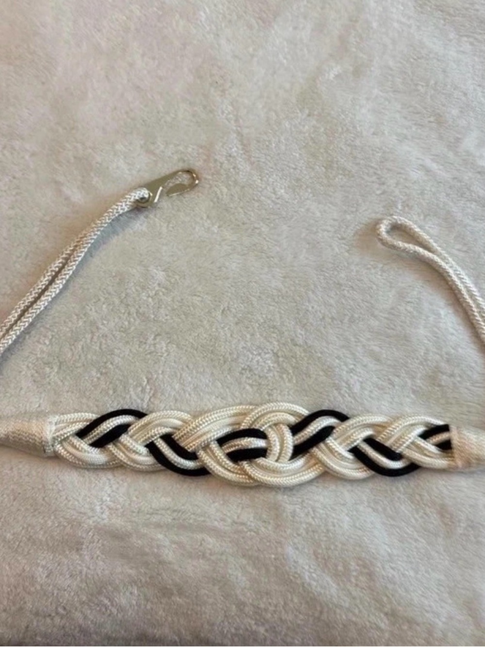 Vintage 80s Nautical Braided Rope Cinch Belt Cream Black Macrame Knot Hook 34